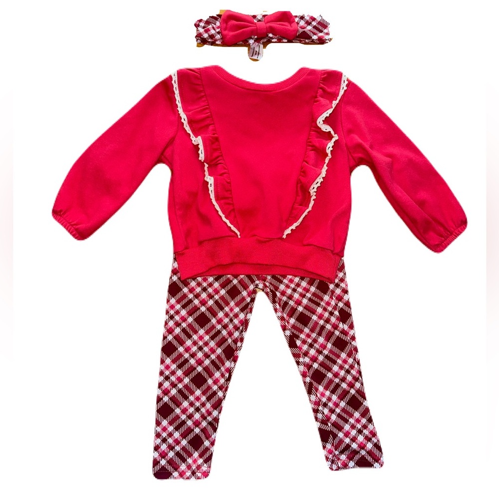 Just Lizzy Red/Pink Sweater and Plaid Leggings Set w/ Headband, 18 Months